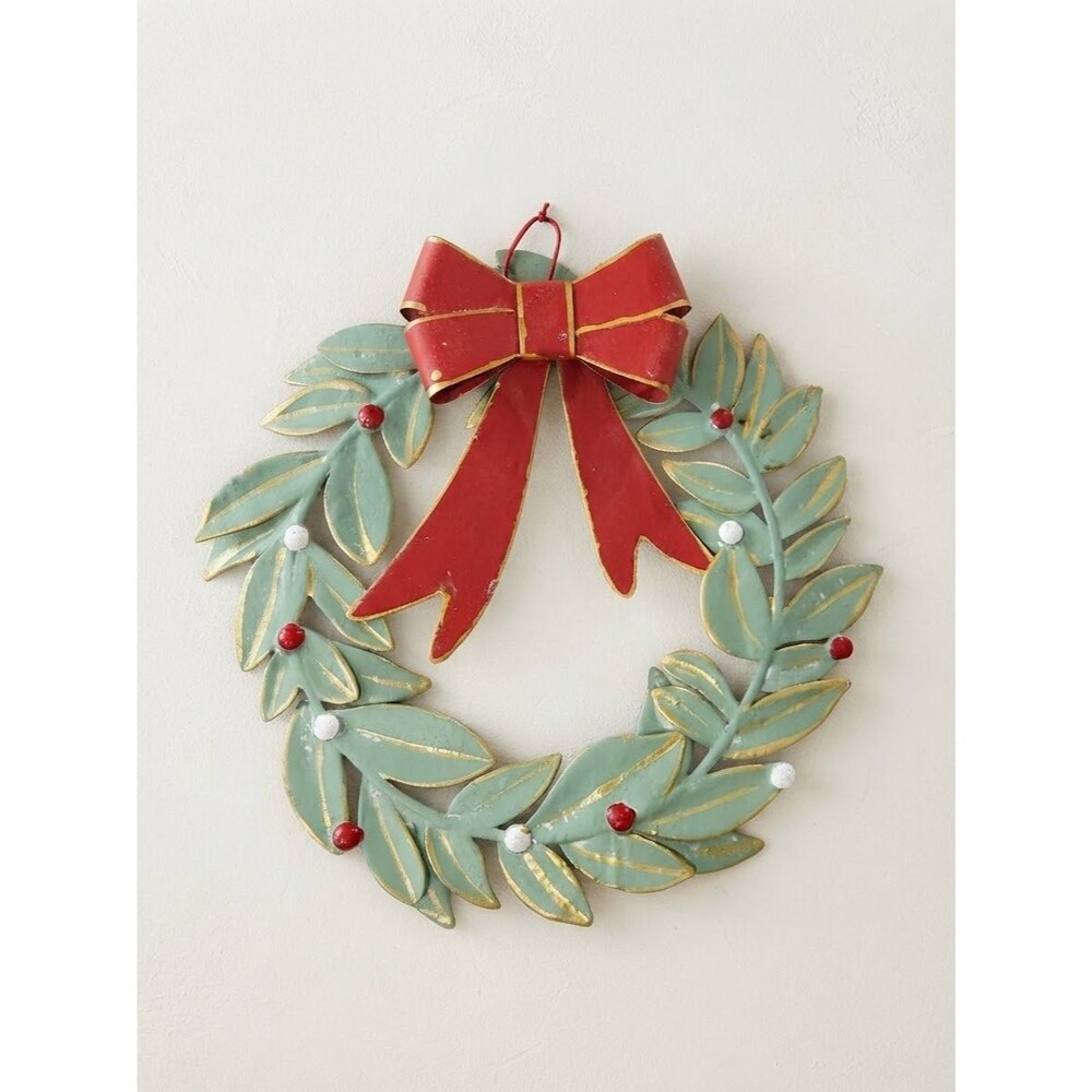 VTG 1980s Metal Christmas Wreath Wall, Door Decor Green Leaves Red Bow Berries